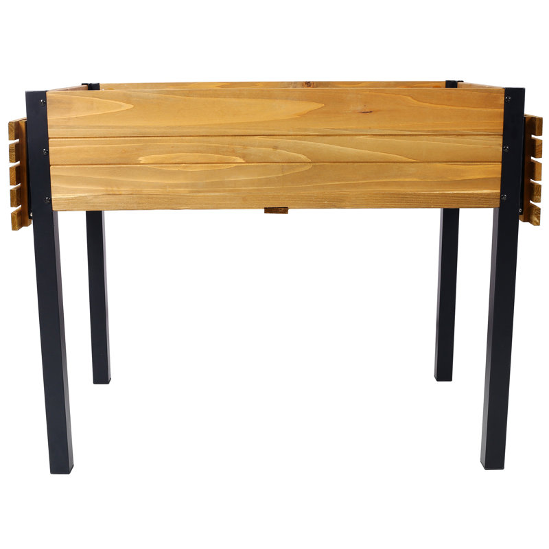 Lit de jardin surélevé, boîtes à fleurs en bois avec tablette de rangement pliante, Noir / brun