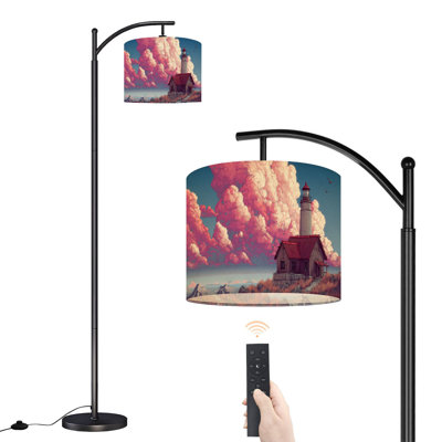 Arc Floor Lamp with Adjustable Lampshade Lighthouse Rocky Cliff Red Roof Cottage under Dramatic Pink Cloudscape Standing Lamp 3 Color Temperatures Dimmable Tall Pole Lamp with Foot Switch for Bedroom