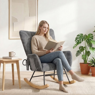 Upholstered Chenille Rocking Chair with Airbag Lumbar Support,  High Back Tufted Accent NurseryRocking Chair with Solid Wood Base, 300 LBS Capacity
