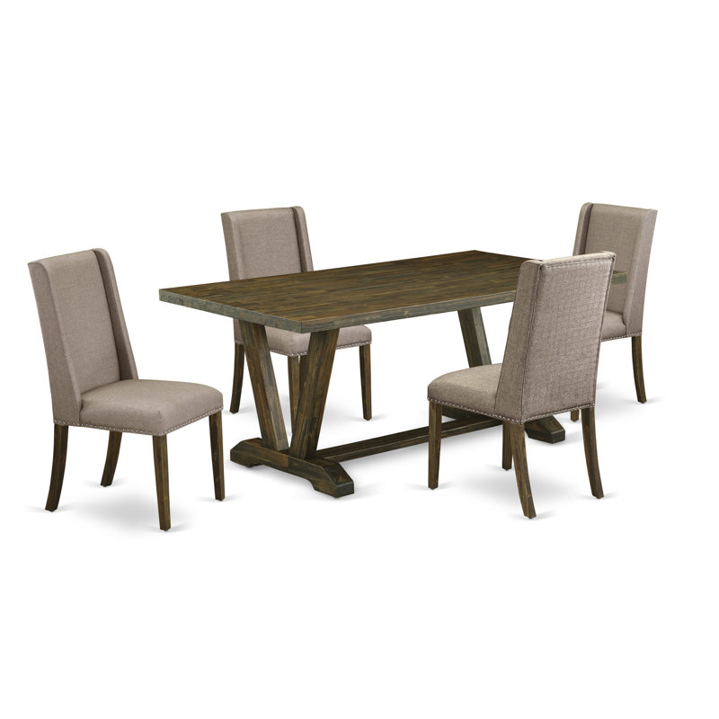Ensemble de table de cuisine 5 pièces comprenant 4 chaises de salle à manger Parson avec siège à clous rembourrés et dossier de chaise élégant et table de salle à manger rectangulaire avec plateau Jacobean patiné