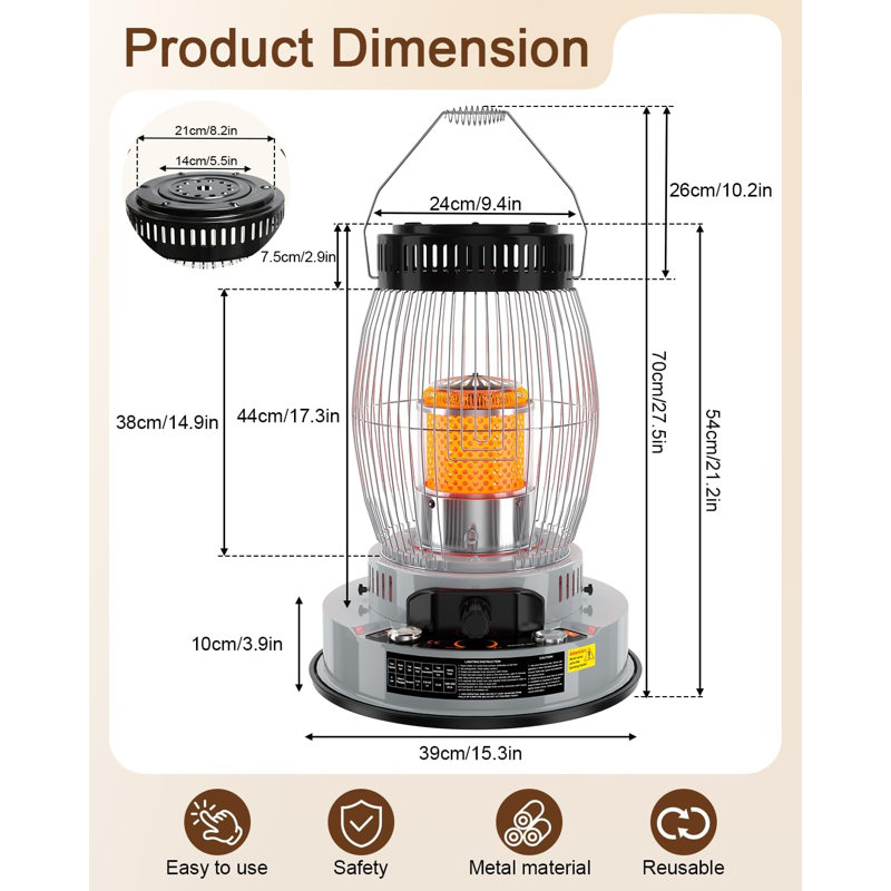 Non-electric kerosene heater with fuel gauge, 15000 BTU high-output portable kerosene stove, suitable for indoor and outdoor use, camping, cabins, workshops and emergency heating.