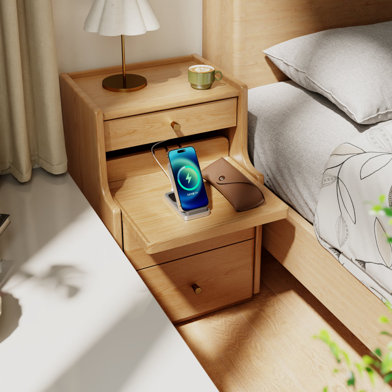 Solid Wood Nightstand with Raised Edge Top, Sliding Shelf, Cable Cutout & Skirting Board Clearance, Tan, 15.75" W