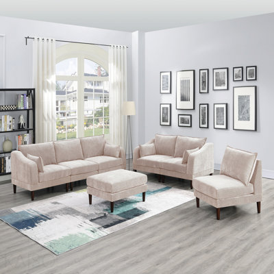 Magnifique ensemble de canapés modulaires 6 pièces, 4 chaises à un accoudoir, 1 fauteuil sans accoudoirs, 1 repose-pieds, tissu Morgan