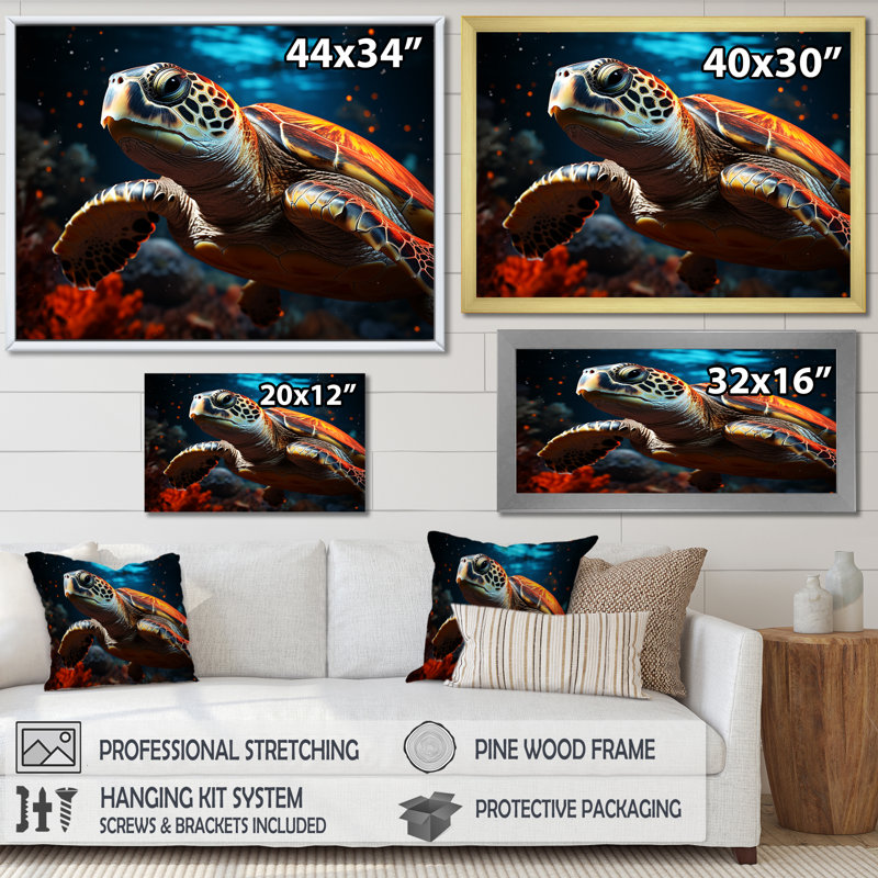 Représentation abstraite d'une tortue sérénité sur toile, Cadre naturel flottant, H 16 po x l 32 po