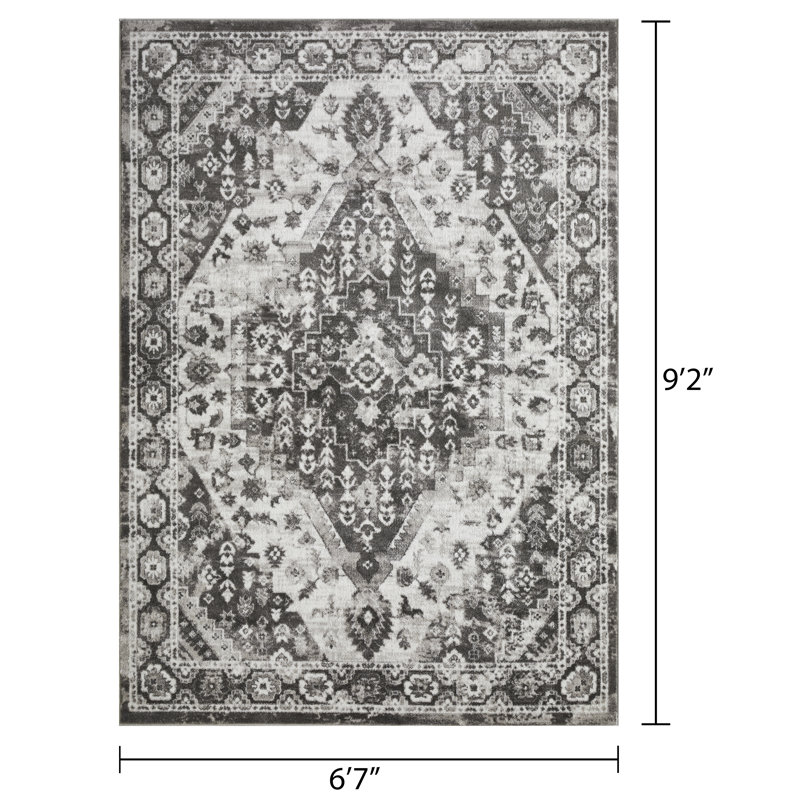 Tapis oriental gris en polypropylène tissé à la main Raghdah, Rectangle 6 pi 7 po x 9 pi 2 po