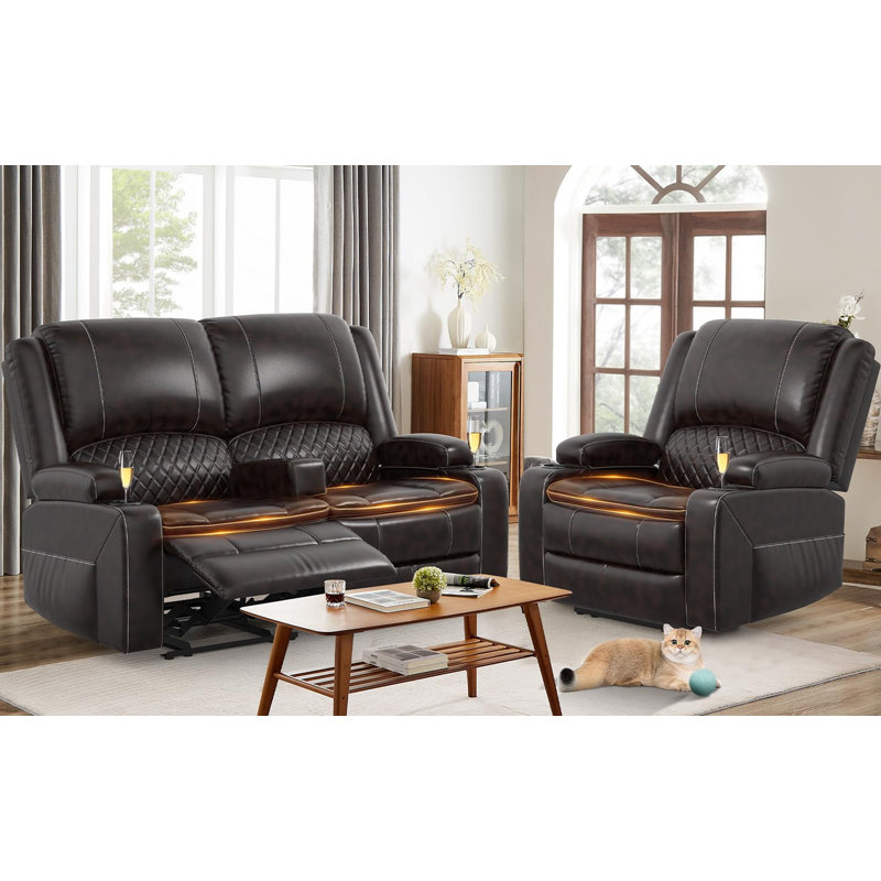 2+1 Pieces In Living Room, Reclining Loveseat Leather With Removable Console, 1 Oversize Recliner Chair Sofa Seat, Brown