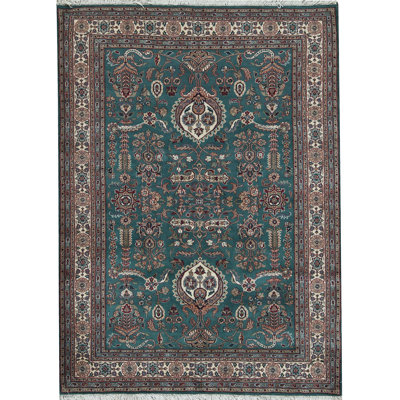 Tapis vert et ivoire noué à la main de haute qualité