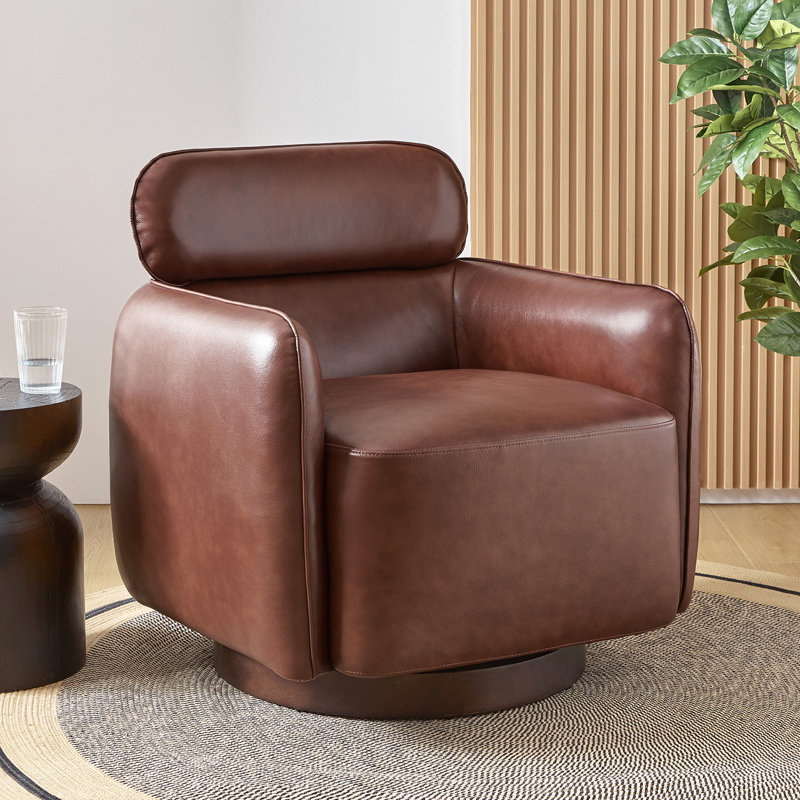 Mahvish Genuine Leather Swivel Rocker Barrel Chair With Adjustable Headrest, Brown