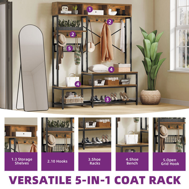 Tabbie 55" Farmhouse Entryway Freestanding Hall Tree Coat Rack with Bench and Shoe Storage for Living Room