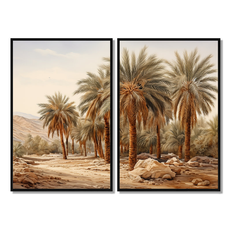 Palmier, oasis du désert - impressions sur toile traditionnelles, Black, 36" H x 48" W, Impression encadrée flottante