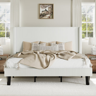 Ribbed Corduroy Platform Bed With Wingback Headboard And Wooden Slats, No Box Spring Needed