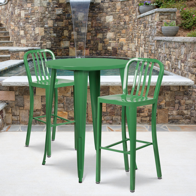 Drumfane 30'' Round Metal Indoor-Outdoor Bar Table Set with 2 Vertical Slat Back Stools, Green, 30'' x 30'' x 41''