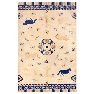 Ivory Beige Cream White 1930s Hand Knotted Pile Geometric Medallion Rectangle Wool Antique Rug