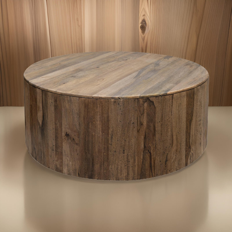 Eray Cocktail Coffee Table, 42 Inch Round Drum Shape, Brown Mango Wood