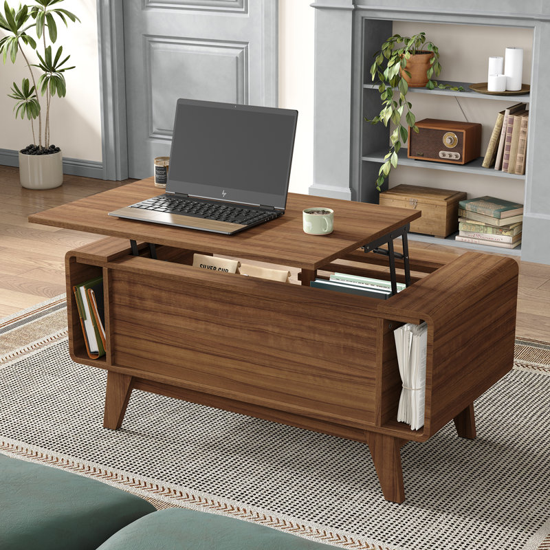 Denicka Mid-Century Modern Coffee Table with Storage,Lift Top Coffee Table with Slatted Sliding Door for Living Room,Walnut