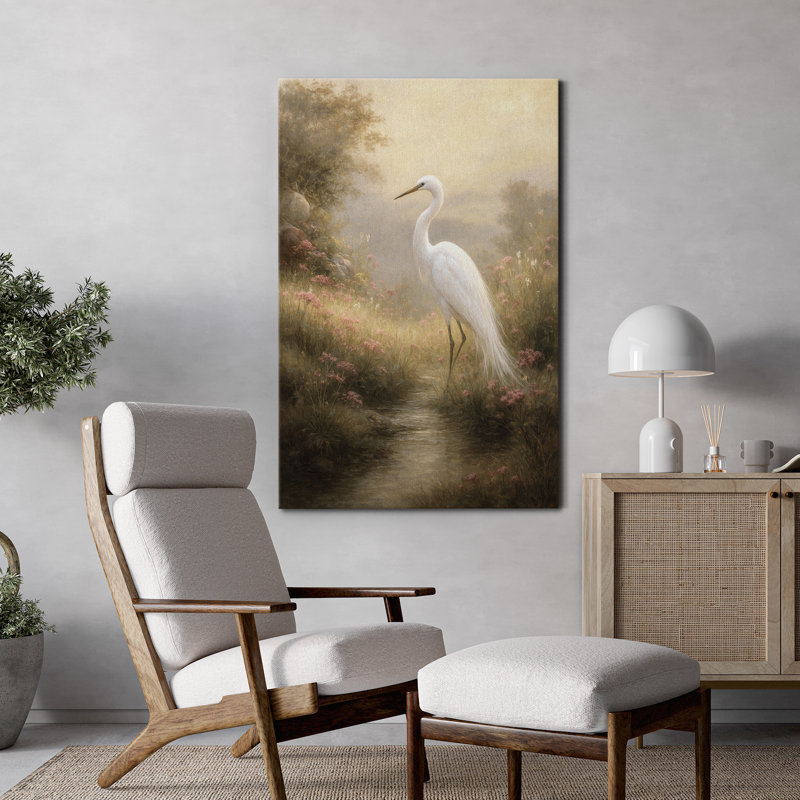 "White Heron" par Stream, art mural sur toile - Scène de nature tranquille pour le salon ou le vestibule, H 48 po x l 32 po