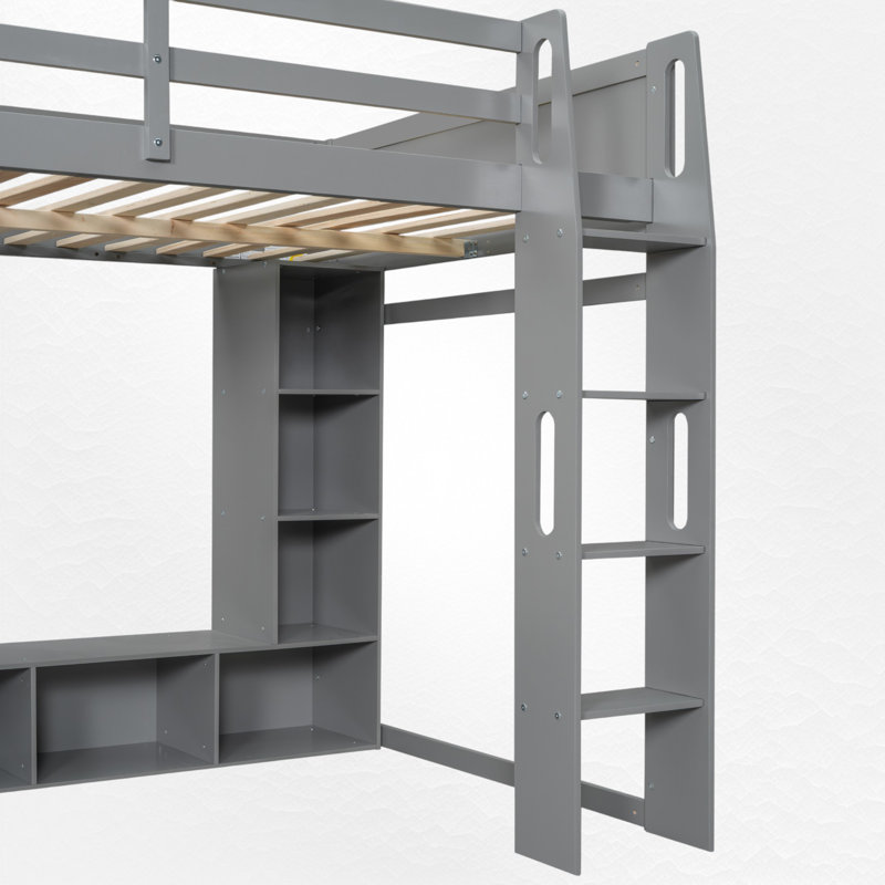 Wooden Gaming Loft Bed with Desk, Multi-Storage Shelves, LED Lights & Hanging Clothes Rack- Ideal for Bedroom, Dorm, and Home Office