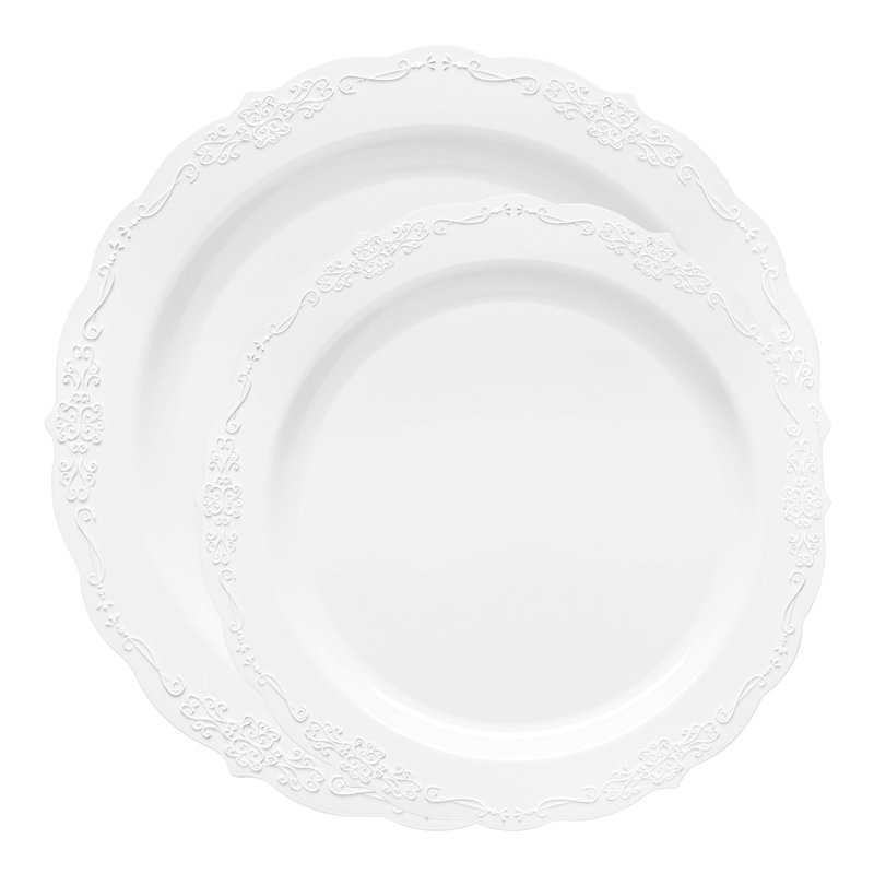 White Vintage Round Disposable Plastic Dinnerware Value Set - 120 Sets