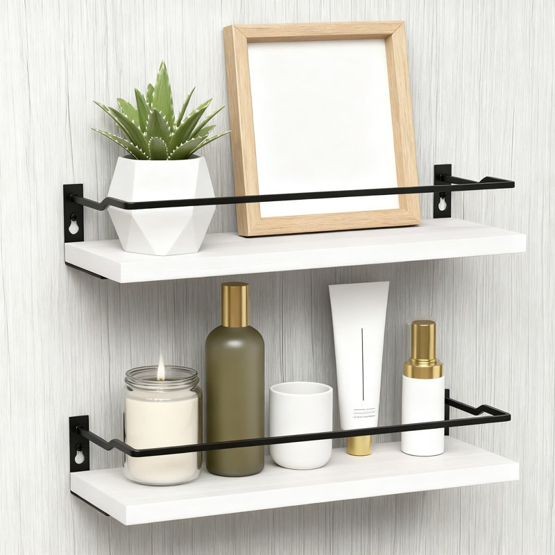Floating Bathroom Shelves Set Of 2 With Guard Rail, Wall Mounted Over Toilet Storage Organizer For Kitchen And Bedroom, Handmade Wooden Shelf Decor