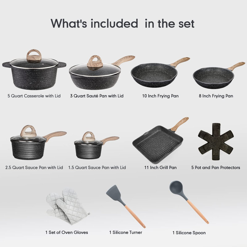 20-Piece Nonstick Granite Coating Cookware Set with Wooden Handles