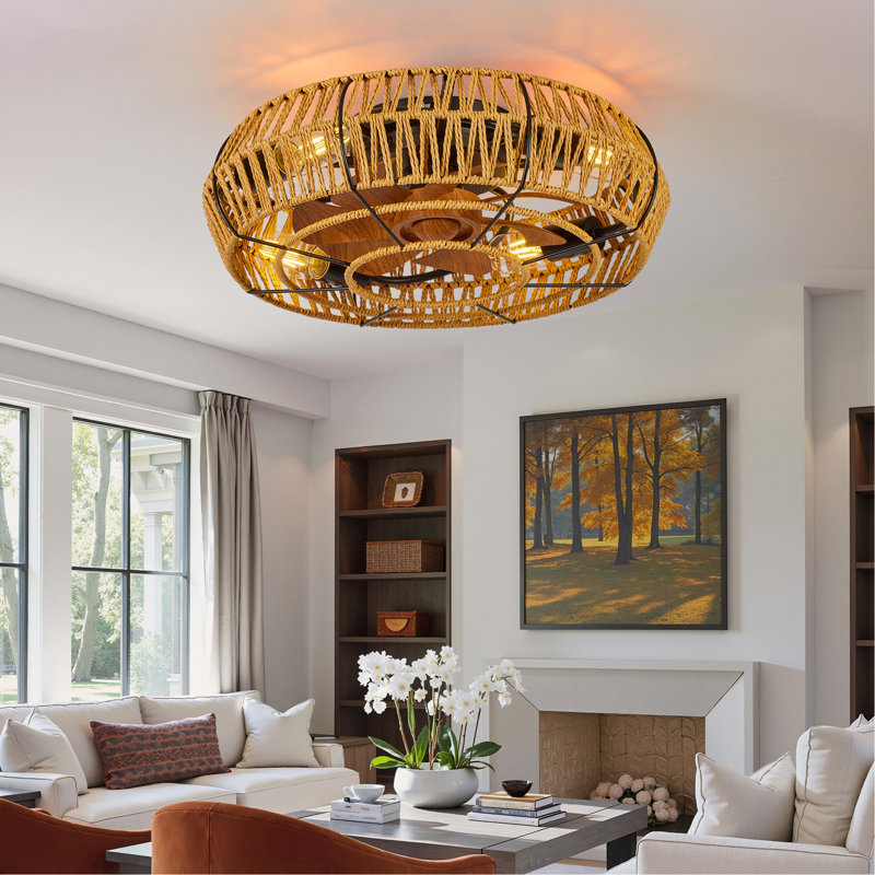 Ventilateurs de plafond en cage de 19 po avec lumières et télécommande, ventilateur de plafond encastré Boho avec éclairage, ventilateur de plafond à 6 vitesses réversible sans lame. Pour le salon.