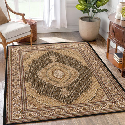 Tapis noir et noir, 126 po Profond, tissé à la machine, classique orné traditionnel, polypropylène, teinture 7 pi Tapis rectangulaire 10 x 6 avec motif de médaillon, style traditionnel luxueux, 100%