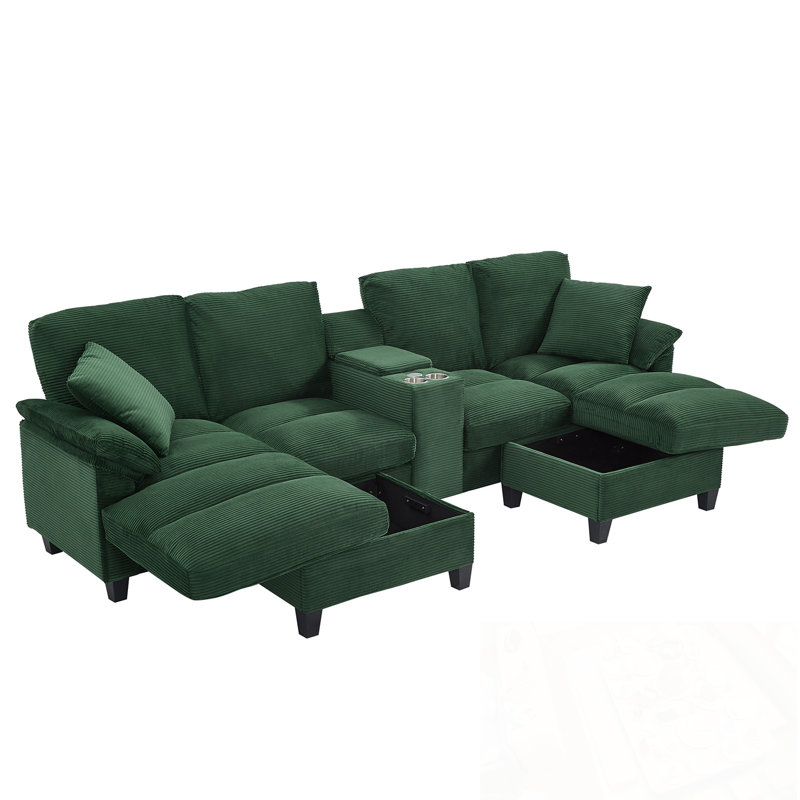 U-Shaped Sectional Sofa With Storage Ottomans, Cup Holders And USB Ports, Green Corduroy