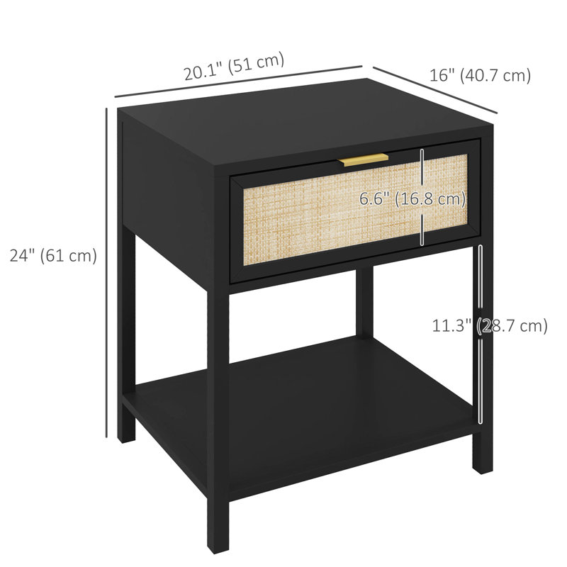 Boho Bedside Table with Drawer, Open Shelf and Rattan Element Black