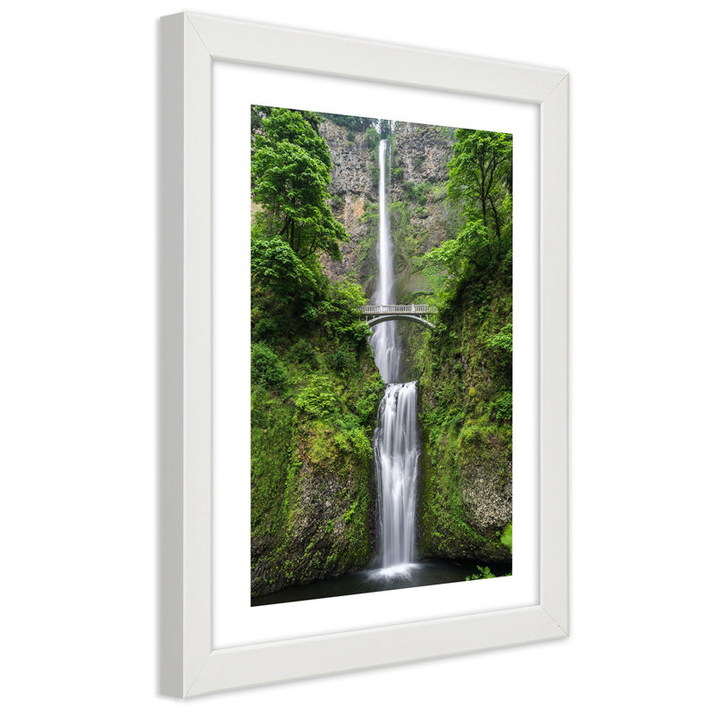 Natura Forest Waterfall Bridge - Single Picture Frame Print, White, 90cm H x 60cm W