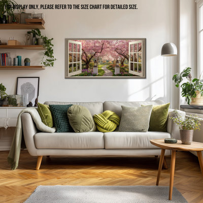  Art mural de fenêtre de printemps, images de fleurs de cerisier à cadre ouvert, œuvre d'art sur toile nature élégante pour le salon, peinture de paysage floral décorer votre espace, 12 x 24 pouces