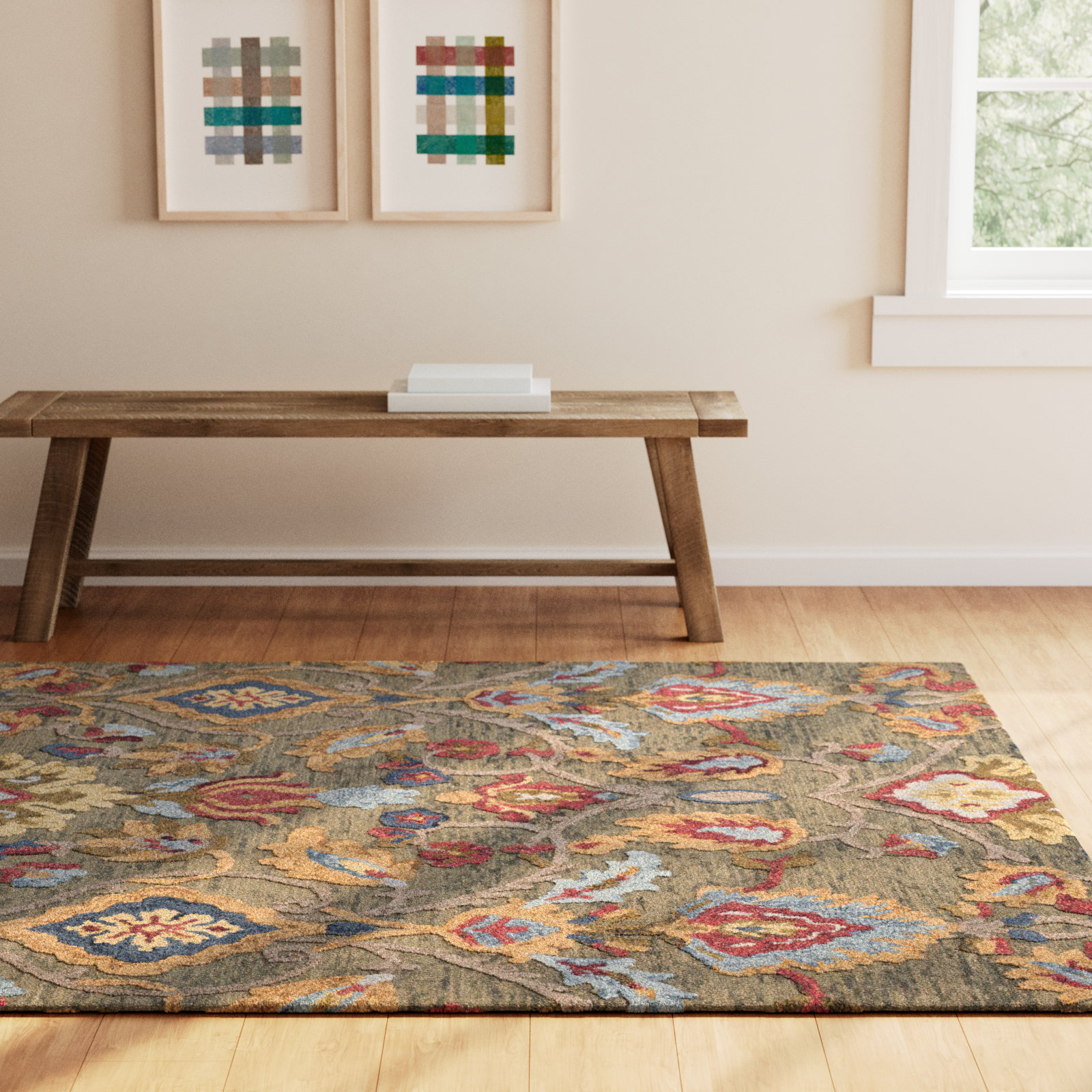 Tansy Handmade Wool Green / Multi Rug, Rectangle 6' x 9'