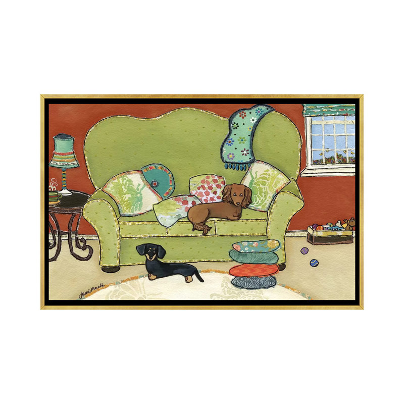 « Teckel Love » par Jamie Morath-impression, Pas de tapis, H 18 po x l 26 po x P 1,5 po, Toile encadrée d'or