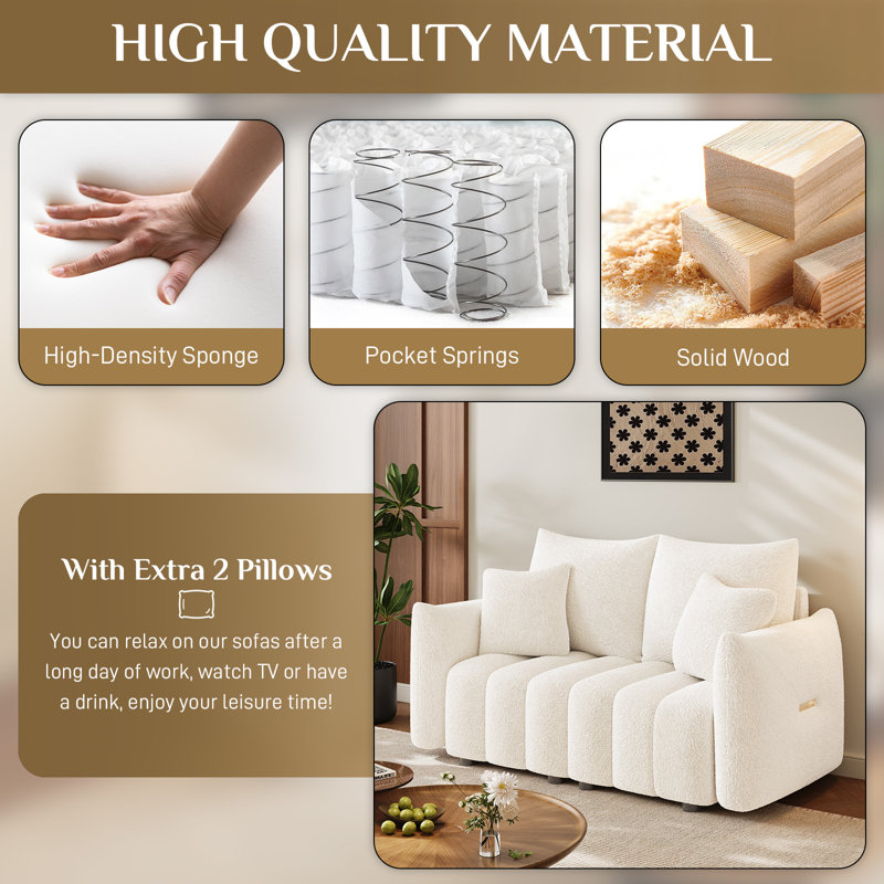 58'' Teddy Fabric Loveseat Modern Upholstered Sofa, Beige White