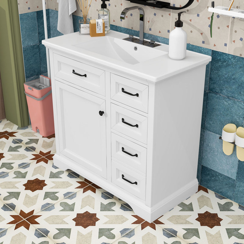 Meuble-lavabo de salle de bain avec lavabo en céramique, tablettes réglables, tiroirs de rangement et armoire, Blanc