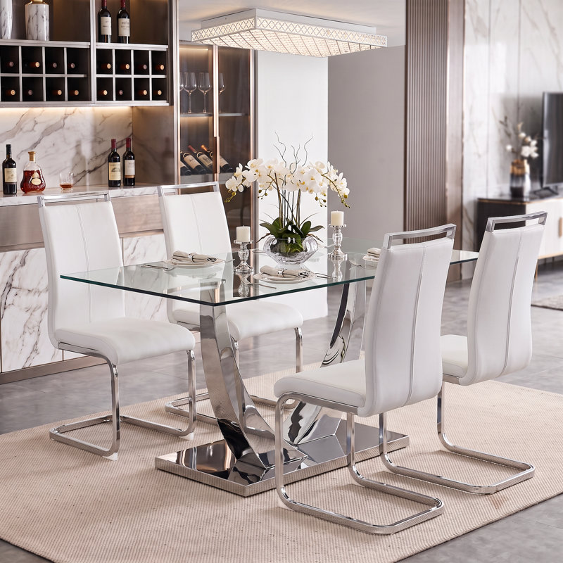 Ensemble de salle à manger 5 pièces rectangulaire moderne en verre trempé avec base en métal et chaises en porte-à-faux en similicuir