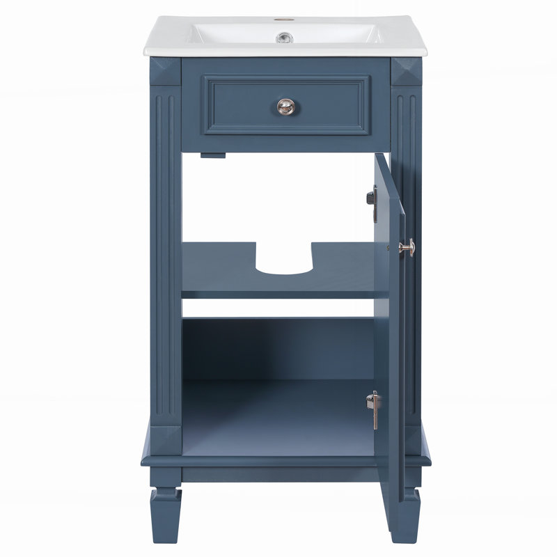 Meuble-lavabo de style français de 45,7 cm (18 pouces) avec porte à fermeture en douceur, Bleu, Argent