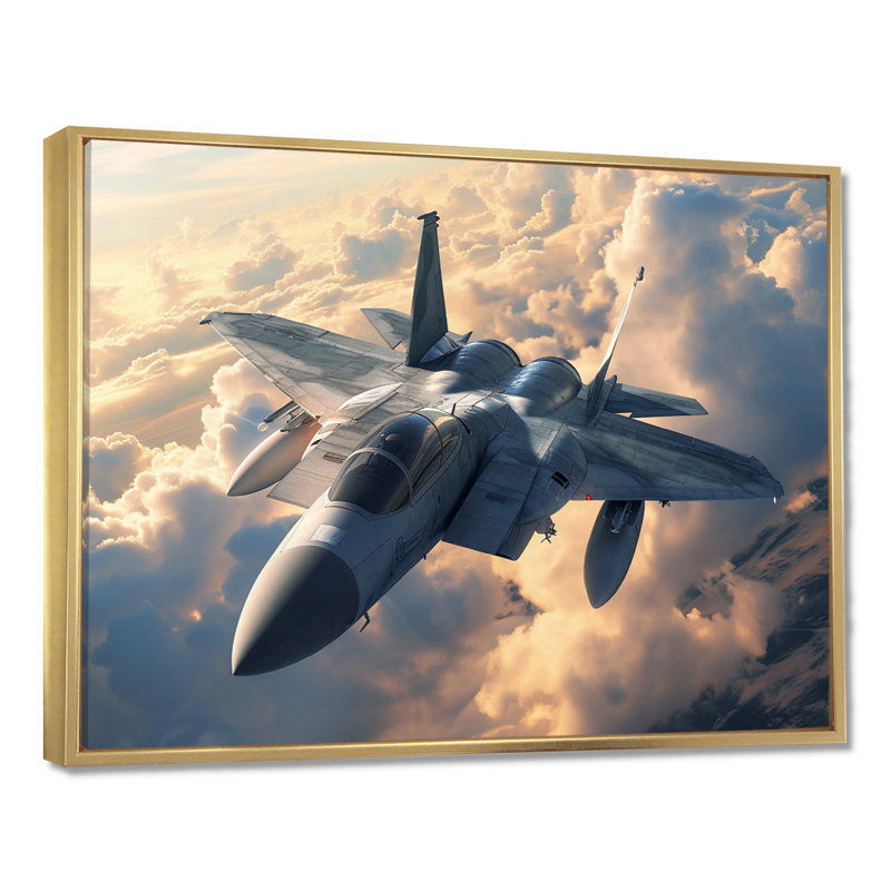 Avion de chasse en action au-dessus des nuages - salon d'art mural, H 30 po x l 40 po x P 1,5 po, Cadre flottant brun