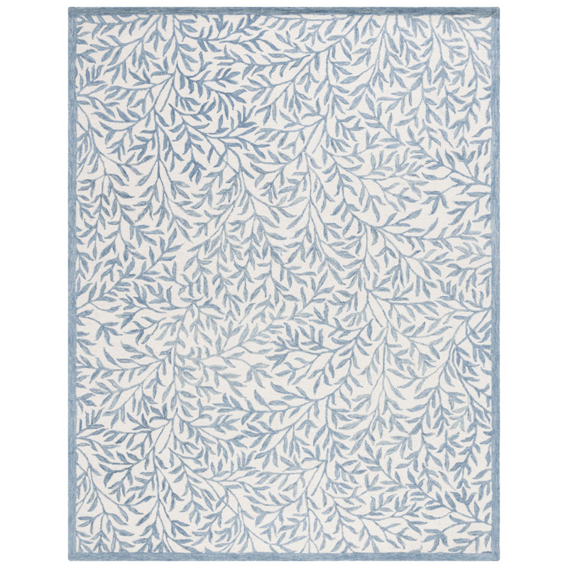 Tapis bleu / ivoire en laine / coton touffeté à la main Iqarar, Rectangulaire 8 pi x 10 pi