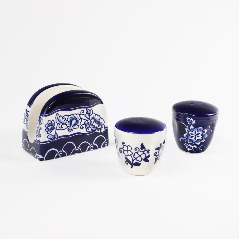 Ensemble d'accessoires de table de jardin bleu (salières et poivrières et porte-serviettes)