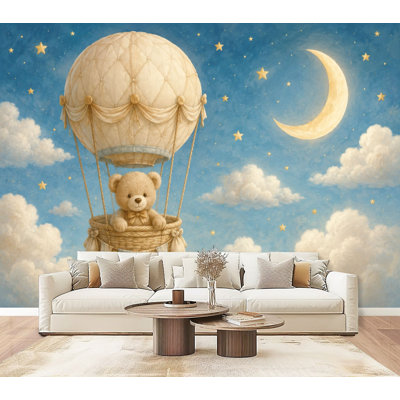 Papier peint pelez et collez Mignon ours en peluche Montgolfière Pastel Nuage Étoiles Lune chambre de bébé murale 69 po x l 96 po amovible en papier peint adhésif mural pour chambre à coucher Bureau à domicile