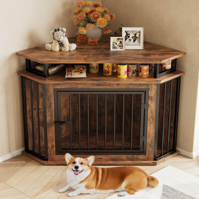 44" Corner Dog Crate with 2-Tier Shelves