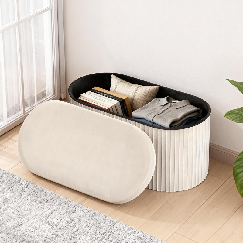 oval Storage Ottoman Bench, Velvet Foot Rest, 30 Inch Folding Chest for Living Room, Bedroom, Beige