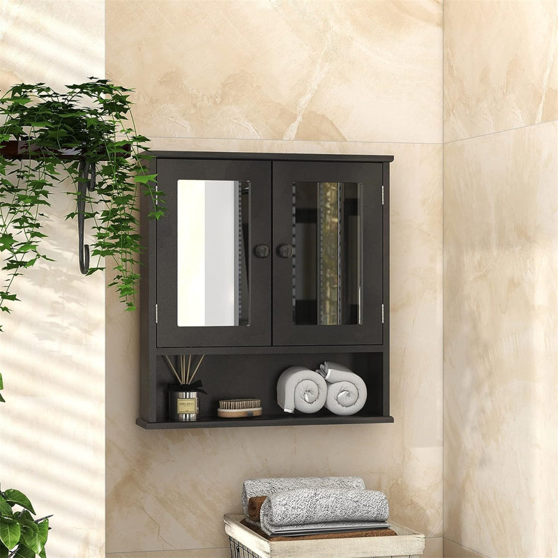 Armoire de rangement murale en bois avec miroir, Noir