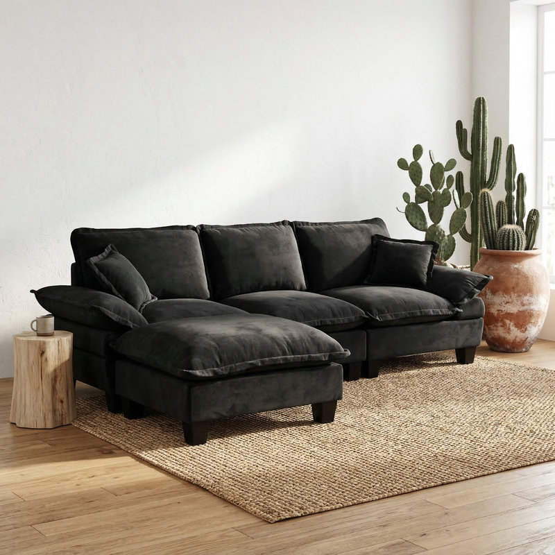 Canapé modulaire modulaire, canapé en L en forme de nuage avec conception de voilier, 1 repose-pieds mobile et 2 coussins moelleux inclus, chenille confortable pour le salon, noir