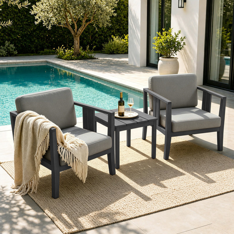Junco Teak Outdoor Two-Person Patio Set With Cushions And Side Table, Gray, Black
