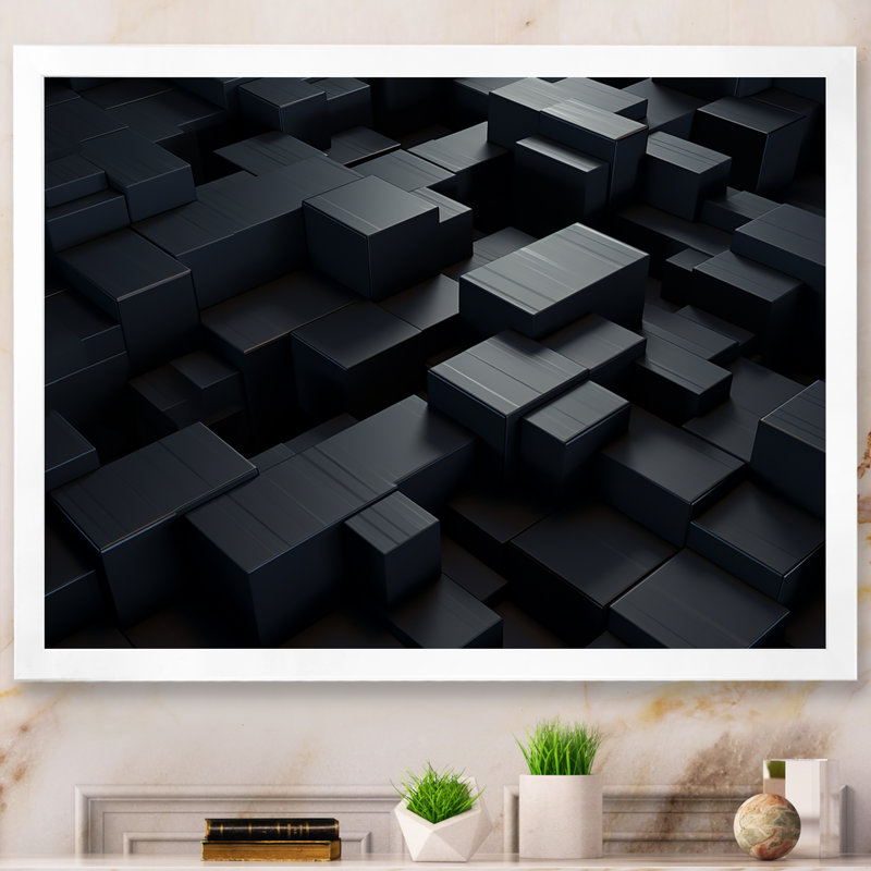 Dimensions du cube 3D en brique noire I - reproduction sur toile, Cadre simple blanc, H 34 po x l 44 po x P 1,5 po