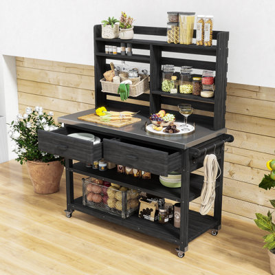 Table de rempotage d'extérieur avec huche supérieure, plateau en acier inoxydable et roulettes verrouillables