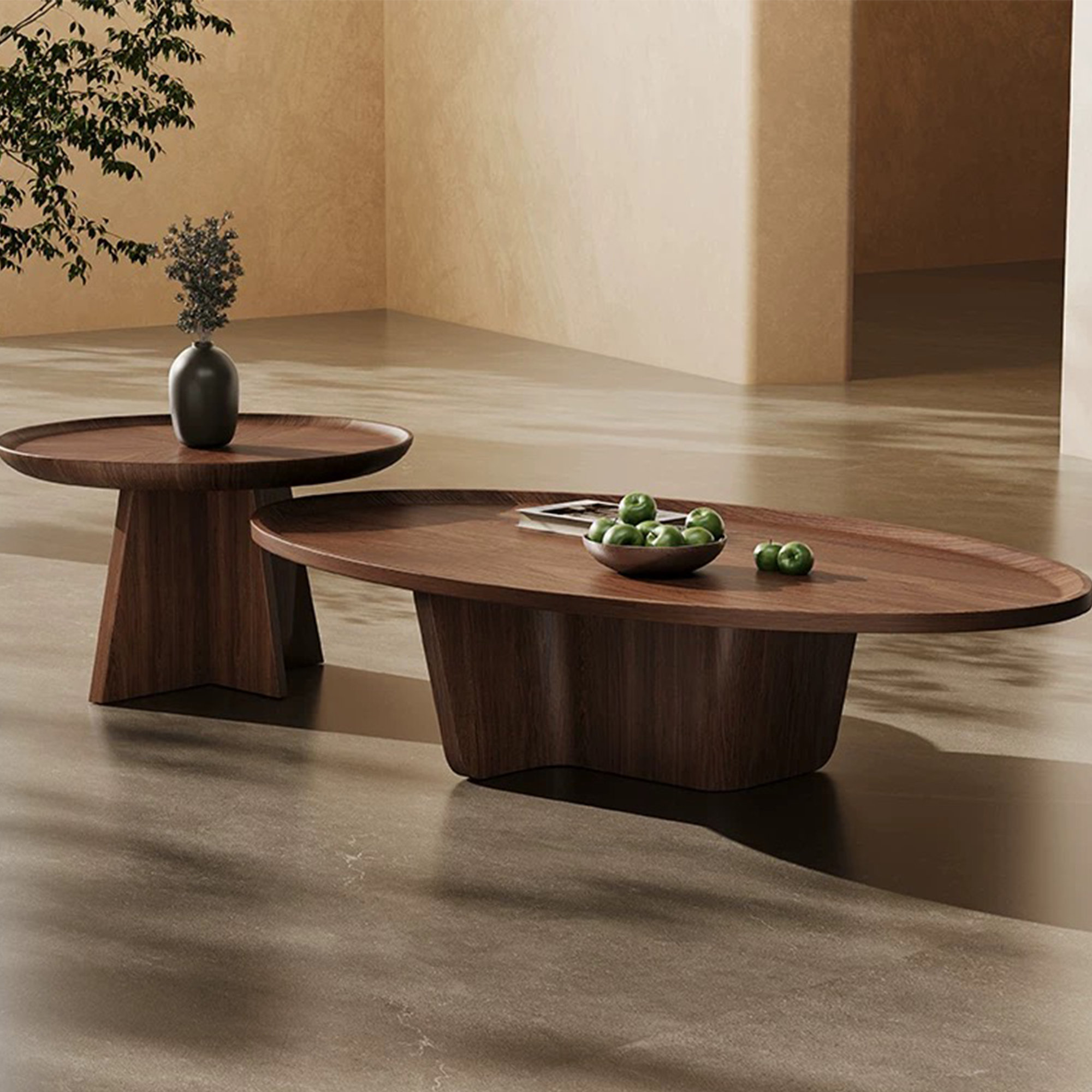 Loon Peak® Nesting Oval Coffee Table, Ash Side Table Walnut Wood