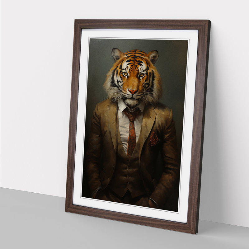 Tiger In A Suit Painting No.2 - Single Picture Frame Print on Wood, Walnut, 34cm H x 25cm W x 2cm D
