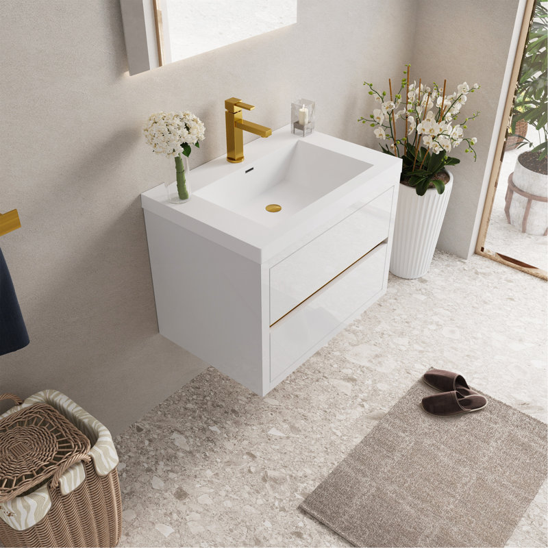 Meuble-lavabo mural 30 po avec lavabo, meuble de rangement flottant avec comptoir en résine de pierre et tiroirs à fermeture en douceur, blanc brillant